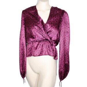 Urban Outfitters Small Raspberry Tiny Flowers Satin V Neck Peplum Top